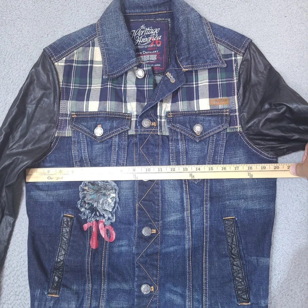 The Heritage America 1776 Denim Distillery Jacket Mens Small Faux Leather Forged